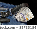 100 usd banknotes visible in the pocket of a jeans lying on the floor, your jeans and 100 usd, 85786184