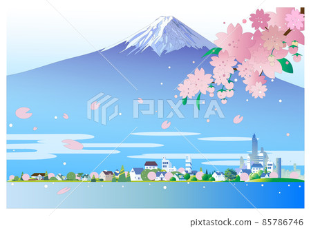 Background illustration of the cityscape where cherry blossoms dance and Mt. Fuji 85786746