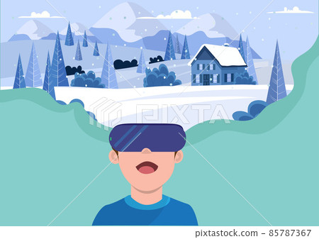 VR technology stereoscopic vector boy with VR headset traveling in the snowy land Virtual concepts for education and games VR technology stereoscopic vector boy with VR headset traveling in the snowy land Virtual concepts for education and games 85787367