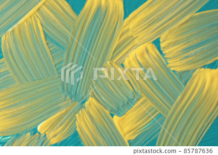 Abstract art background turquoise and yellow colors. Watercolor painting on canvas with blue strokes and splash. 85787636