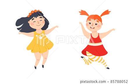 Little Girl with Overweight and Body Fat Jumping and Having Fun Vector Set 85788052