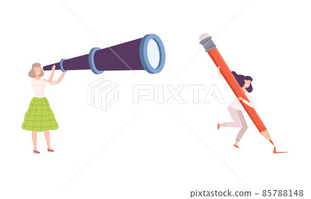 Woman Character Holding Big Telescope and Pencil Vector Illustration Set Woman Character Holding Big Telescope and Pencil Vector Illustration Set 85788148