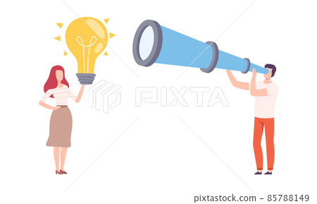 Man and Woman Character Holding Big Telescope and Light Bulb Vector Illustration Set Man and Woman Character Holding Big Telescope and Light Bulb Vector Illustration Set 85788149