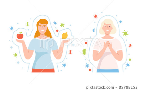 Young Female with Invisible Barrier for Pathogen and Germs Vector Illustration Set Young Female with Invisible Barrier for Pathogen and Germs Vector Illustration Set 85788152