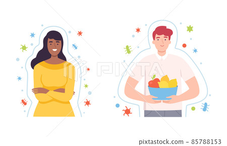 Young Male and Female with Invisible Barrier for Pathogen and Germs Vector Illustration Set Young Male and Female with Invisible Barrier for Pathogen and Germs Vector Illustration Set 85788153