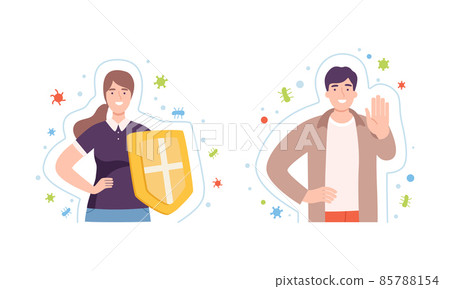 Young Male and Female with Invisible Barrier for Pathogen and Germs Vector Illustration Set Young Male and Female with Invisible Barrier for Pathogen and Germs Vector Illustration Set 85788154