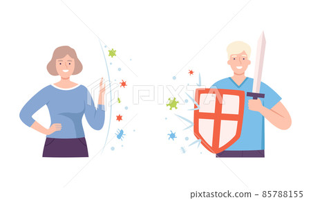 Young Male and Female with Invisible Barrier for Pathogen and Germs Vector Illustration Set Young Male and Female with Invisible Barrier for Pathogen and Germs Vector Illustration Set 85788155