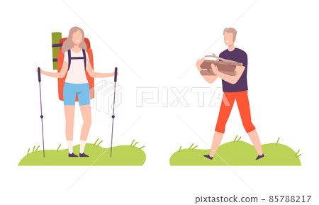 Young Man and Woman with Backpack Camping Carrying Brushwood and Walking with Pole Vector Illustration Set 85788217