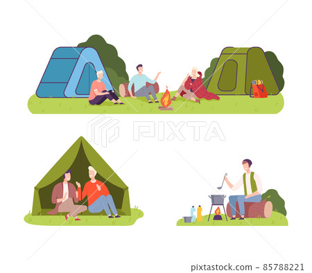 Young Man and Woman Camping Sitting Near Tent with Campfire and Talking Vector Illustration Set Young Man and Woman Camping Sitting Near Tent with Campfire and Talking Vector Illustration Set 85788221