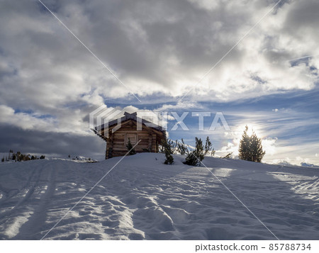 dolomites snow panorama wooden hut val badia armentarola hill dolomites snow panorama wooden hut val badia armentarola hill 85788734