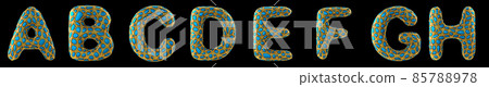 Letter set A, B, C, D, E, F, G, H made of realistic 3d render golden shining metallic. 85788978