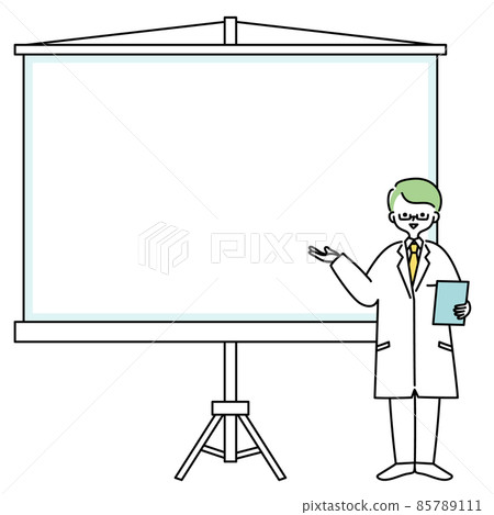 Illustration of a man in a lab coat explaining in front of the screen Illustration of a man in a lab coat explaining in front of the screen 85789111