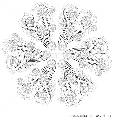 Mandala isolated design element, geometric line pattern. Stylized floral round ornament. Zen doodle art, monochrome sketch, coloring book page, textile fabric print. Black and white illustration. 85791025