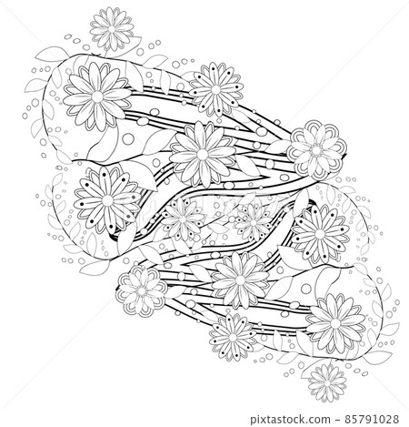Outline vector drawing of flowers for adult coloring books. Page of floral pattern in black and white. 85791028
