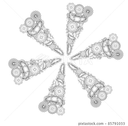 Black and white ornamental fantastic flowers, magic composition. Monochrome Pattern: Floral Texture, Adult Coloring Book page Black and white ornamental fantastic flowers, magic composition. Monochrome Pattern: Floral Texture, Adult Coloring Book page 85791033