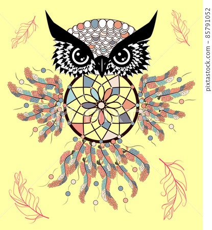 Patterned owl on the grunge background. African indian totem tattoo design Patterned owl on the grunge background. African indian totem tattoo design 85791052