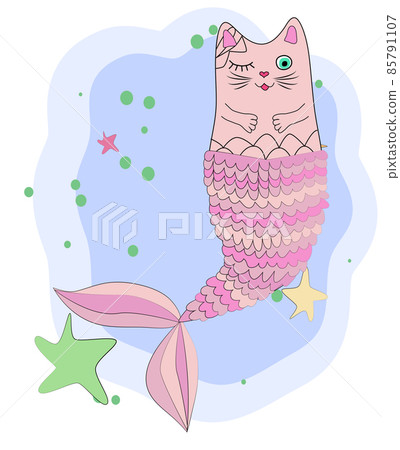 Cat unicorn with a mermaid's tail in the colors of the rainbow, print design Cat unicorn with a mermaid's tail in the colors of the rainbow, print design 85791107