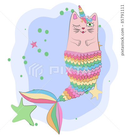 Cat unicorn with a mermaid's tail in the colors of the rainbow, print design 85791111