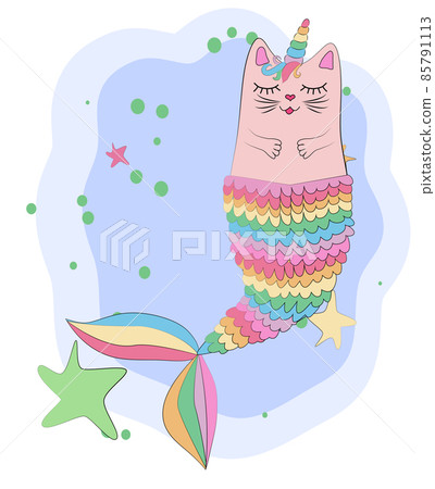 Cat unicorn with a mermaid's tail in the colors of the rainbow, print design Cat unicorn with a mermaid's tail in the colors of the rainbow, print design 85791113