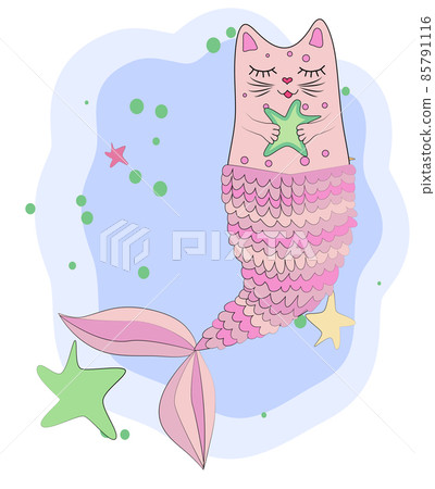 Fun magic cat unicorn and mermaid. Cat unicorn with a mermaid's tail in the colors of the rainbow and with a starfish in its paws, print design 85791116