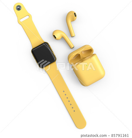 Stainless smart watch or fitness tracker and wireless headphones on white. 85791161