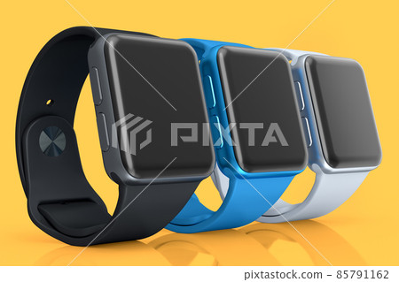 Set of blue smart watches or fitness tracker isolated on orange background. 85791162
