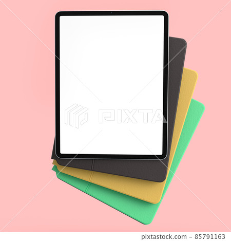 Set of computer tablets with cover case and blank screen isolated on pink. Set of computer tablets with cover case and blank screen isolated on pink. 85791163