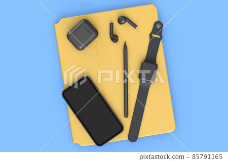 Computer tablet with stylus, smartwatch, phone and headphone on blue background Computer tablet with stylus, smartwatch, phone and headphone on blue background 85791165