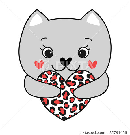 Cute doodle cat holding heart. Vector illustration. 85791436