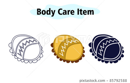 Massage brush dressing on the hand. Self-massage of the body and legs. Body care. Vector illustration in color, solid and linear design on a white background. 85792588