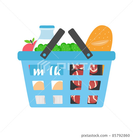 cartoon supermarket basket with produce, vector illustration 85792860