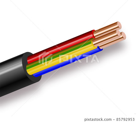 Flexible Three-wire electrical cable isolated on white background. Copper multicore cable in color insulation. Close-up of the cross section. Flexible Three-wire electrical cable isolated on white background. Copper multicore cable in color insulation. Close-up of the cross section. 85792953