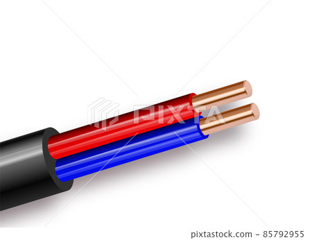 Flexible two-wire electrical copper cable isolated on white background. Copper multicore cable with double color insulation. Close-up of the cross section. Power wire. Vector illustration 85792955