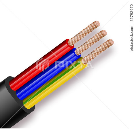 Flexible Three-wire electrical cable isolated on white background. Copper multicore cable in color insulation. Close-up of the cross section. Flexible Three-wire electrical cable isolated on white background. Copper multicore cable in color insulation. Close-up of the cross section. 85792970