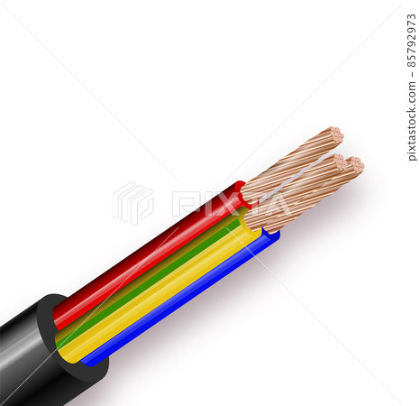 Flexible -wire electrical copper cable isolated on white background. Copper multicore cable with double color insulation. Close-up of the cross section. Power wire. Vector illustration Flexible -wire electrical copper cable isolated on white background. Copper multicore cable with double color insulation. Close-up of the cross section. Power wire. Vector illustration 85792973