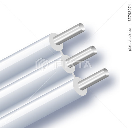 Flexible three-wire electrical aluminum cable isolated on white background. Copper multicore cable with double color insulation. Close-up section. Power wire. Vector illustration Flexible three-wire electrical aluminum cable isolated on white background. Copper multicore cable with double color insulation. Close-up section. Power wire. Vector illustration 85792974