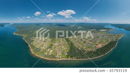 The Angara River in Siberia leaving Lake Baikal near the settlement of Listvyanka. Panoramic aerial view. 85793519