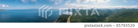 Summertime imagery of Lake Baikal in morning is a rift lake located in southern Siberia, Russia. Baikal lake summer landscape view. Drone's Eye View. Panoramic view. 85793520