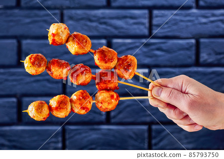 Luk Chin Ping, thai meatball skewers, top view Luk Chin Ping, thai meatball skewers, top view 85793750