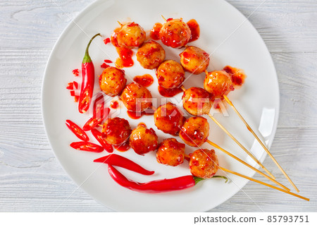 Luk Chin Ping, thai meatball skewers, top view Luk Chin Ping, thai meatball skewers, top view 85793751