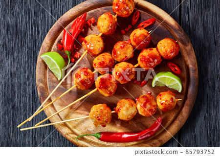 Luk Chin Ping, thai meatball skewers, top view Luk Chin Ping, thai meatball skewers, top view 85793752