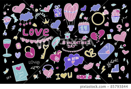 Big doodle set of icons for Valentine s day. Vector colorful illustration for the holiday on February 14. Hand draw set for romance, wedding, date, invitation, greeting card, love. Icons for banners Big doodle set of icons for Valentine s day. Vector colorful illustration for the holiday on February 14. Hand draw set for romance, wedding, date, invitation, greeting card, love. Icons for banners 85793844