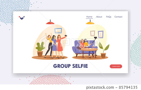 Group Selfie Landing Page Template. Happy Girl Friends Company Having Fun Photographing on Smartphone, Girlfriends Relax 85794135