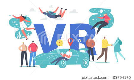 Characters Use Vr Glasses. People Driving Car, Parachuting, Space and Ocean Travel, Dating Virtual and Augmented Reality 85794170