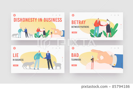Betrayal, Dishonesty in Business Landing Page Template Set. Characters with Knives Shake Hand, Sheep and Wolf Friendship 85794186