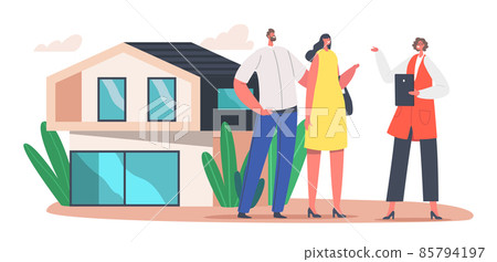 Couple Buying Luxury Suburban Cottage. Realtor Selling House to Clients. Manager Character Make Deal with Owner of House Couple Buying Luxury Suburban Cottage. Realtor Selling House to Clients. Manager Character Make Deal with Owner of House 85794197