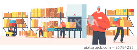 Warehouse Workers Loading, Stacking Goods use Lifters and Forklift. Accounting and Packing Cargo on Production Line Warehouse Workers Loading, Stacking Goods use Lifters and Forklift. Accounting and Packing Cargo on Production Line 85794255