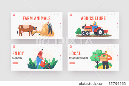 Farmers Doing Farming Job Landing Page Template Set. People Feed Cow and Fowl, Care of Domestic Animals at Livestock 85794263