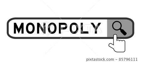 Search banner in word monopoly with hand over magnifier icon on white background Search banner in word monopoly with hand over magnifier icon on white background 85796111