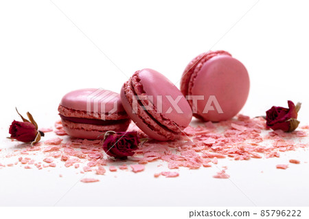 Pink rose french macarons on pastel background Pink rose french macarons on pastel background 85796222